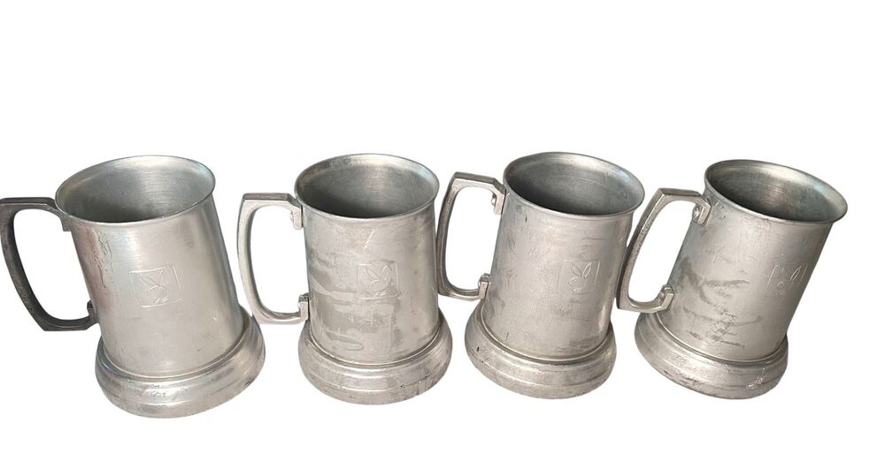 Vintage Set of 4 Playboy Aluminum & Glass Beer Steins Mugs W Playboy Logos